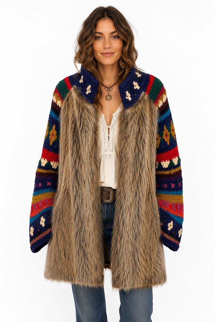 Boho Faux Fur & Knit Multicolor Coat